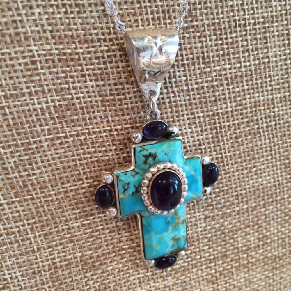New Large Real Turquoise & Amethyst SS Cross